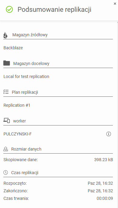 Replication summary in the replication task