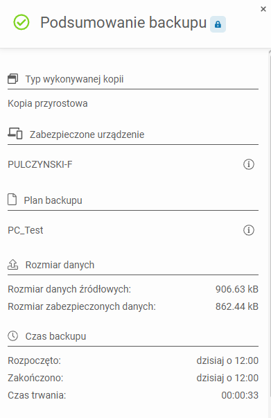 Backup summary in the backup task